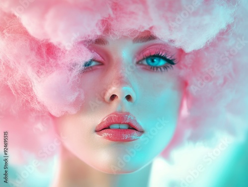 Surreal fashion portrait stunning woman with cotton candy hair in dramatic lighting