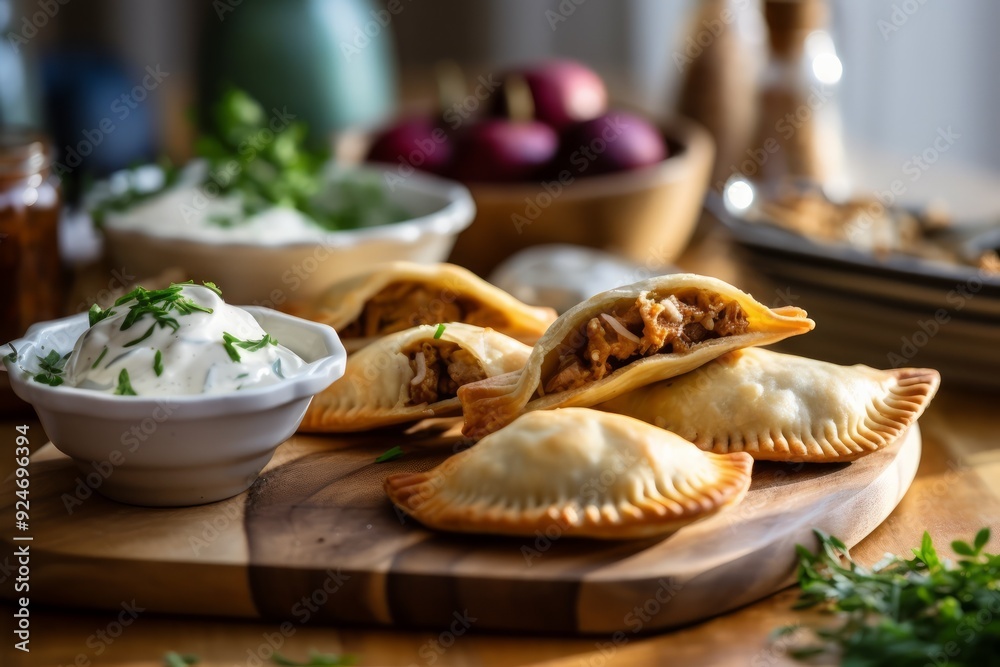 A plate of freshly baked empanadas, served with sour cream sauce and garnished with herbs A plate of freshly baked empanadas, served with sour cream sauce and garnished with herbs