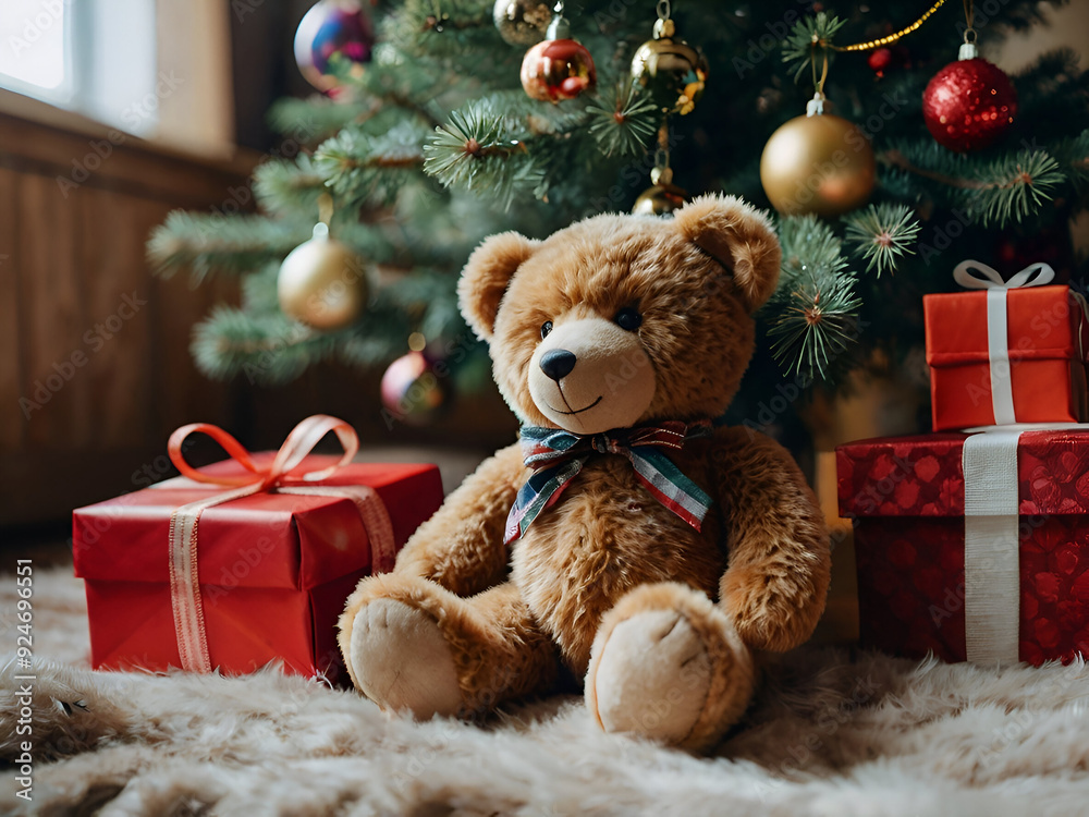 A teddy bear sitting under a pine tree, surrounded by blurry, colorful Christmas presents. A teddy bear sitting under a pine tree, surrounded by blurry, colorful Christmas presents.