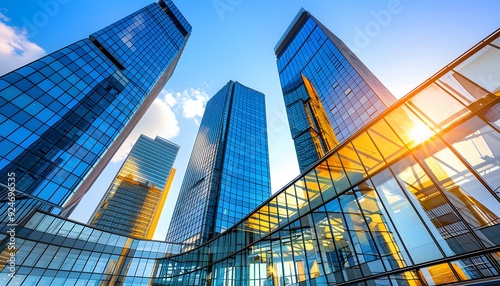 Skyscrapers with reflective glass and bright sunlight.