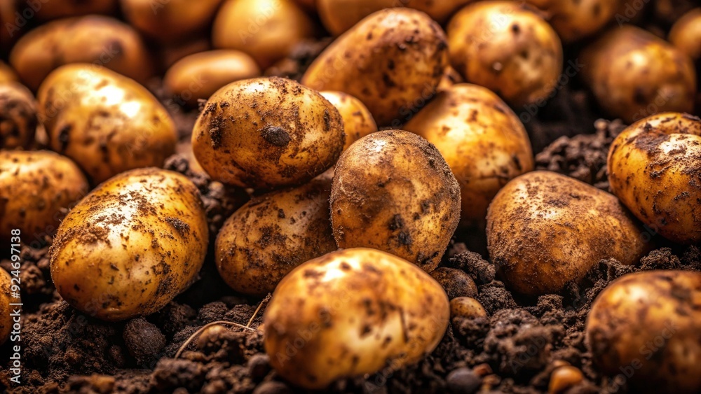 Tuberous Treasures: Underground potatoes, intricate textures, technical detail, rich brown hues Tuberous Treasures: Underground potatoes, intricate textures, technical detail, rich brown hues