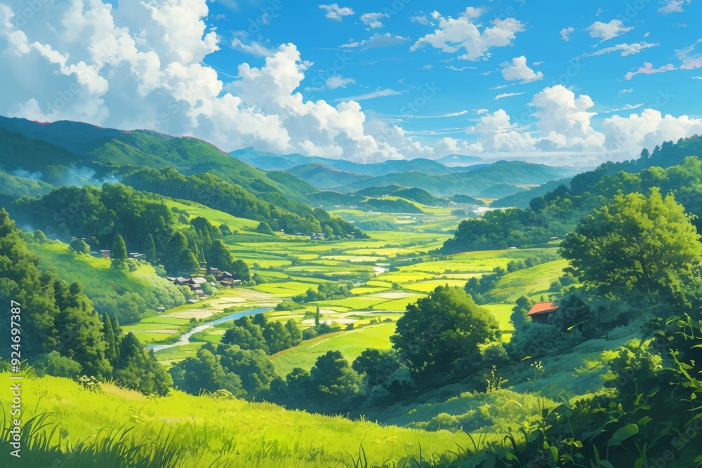 Stunning panoramic view of rolling green hills and valleys under a bright blue sky with white clouds. Concept of nature, countryside, peaceful scenery, and tranquility Stunning panoramic view of rolling green hills and valleys under a bright blue sky with white clouds. Concept of nature, countryside, peaceful scenery, and tranquility