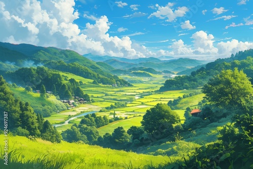 Stunning panoramic view of rolling green hills and valleys under a bright blue sky with white clouds. Concept of nature, countryside, peaceful scenery, and tranquility