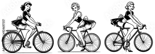 pinup girl rides a bike, black vector illustration, pin-up woman silhouette comic character