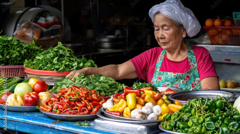 Fresh from the Garden: An elderly Thai woman in a traditional cap meticulously arranges vibrant vegetables at her market stall, a testament to local produce and authentic Southeast Asian cuisine. Fresh from the Garden: An elderly Thai woman in a traditional cap meticulously arranges vibrant vegetables at her market stall, a testament to local produce and authentic Southeast Asian cuisine.