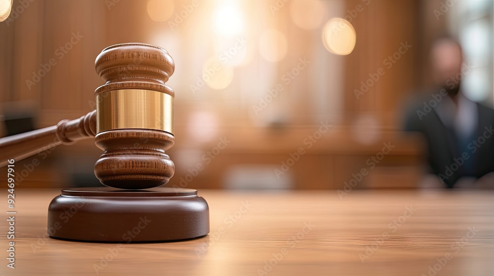 A judge's gavel rests on a courtroom table, emphasizing the moment of legal deliberation with a lawyer observing in the background A judge's gavel rests on a courtroom table, emphasizing the moment of legal deliberation with a lawyer observing in the background
