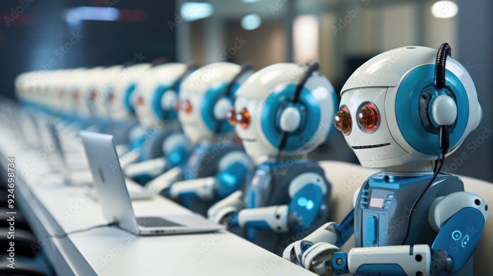 generated illustration a team of robots at work in a call center generated illustration a team of robots at work in a call center