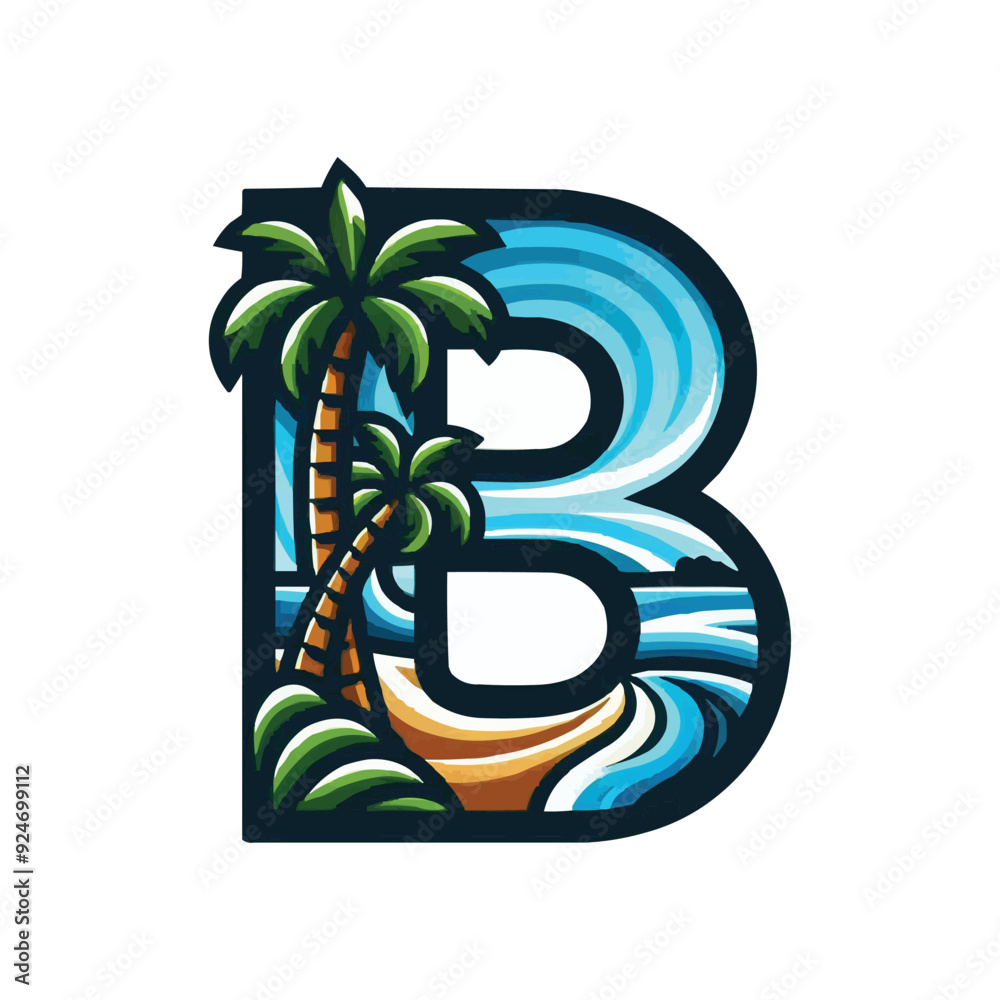 beach resort logo design template with letter b with the shape of a coconut tree and beach beach resort logo design template with letter b with the shape of a coconut tree and beach