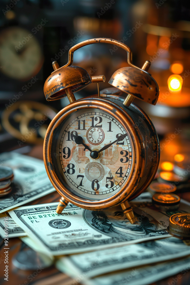 Antique wind-up clock on dollar bills. Concept of time value. Antique wind-up clock on dollar bills. Concept of time value.