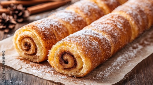 Hungarian chimney cake with cinnamon sugar on parchment paper.