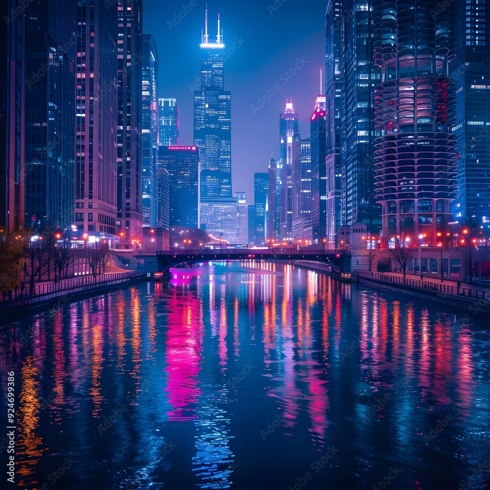 Obraz premium Vibrant city skyline at night with colorful lights reflecting on river