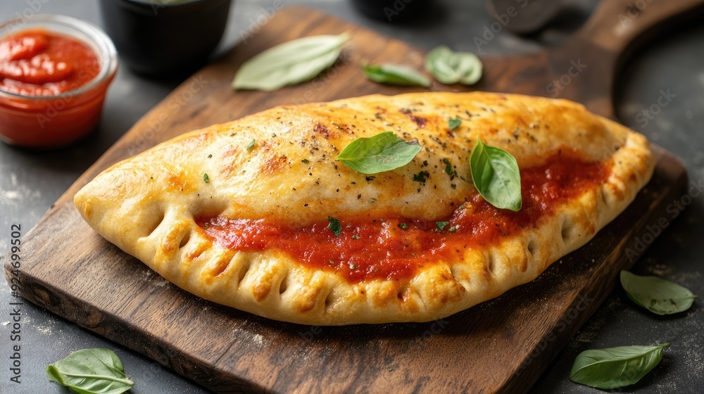 Italian calzone with marinara sauce on a wooden board. Italian calzone with marinara sauce on a wooden board.