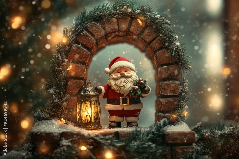 Fototapeta premium Old Brick Arch with Golden Calligraphy Featuring Chubby Santa Claus, Fir Branch, and Christmas Lantern