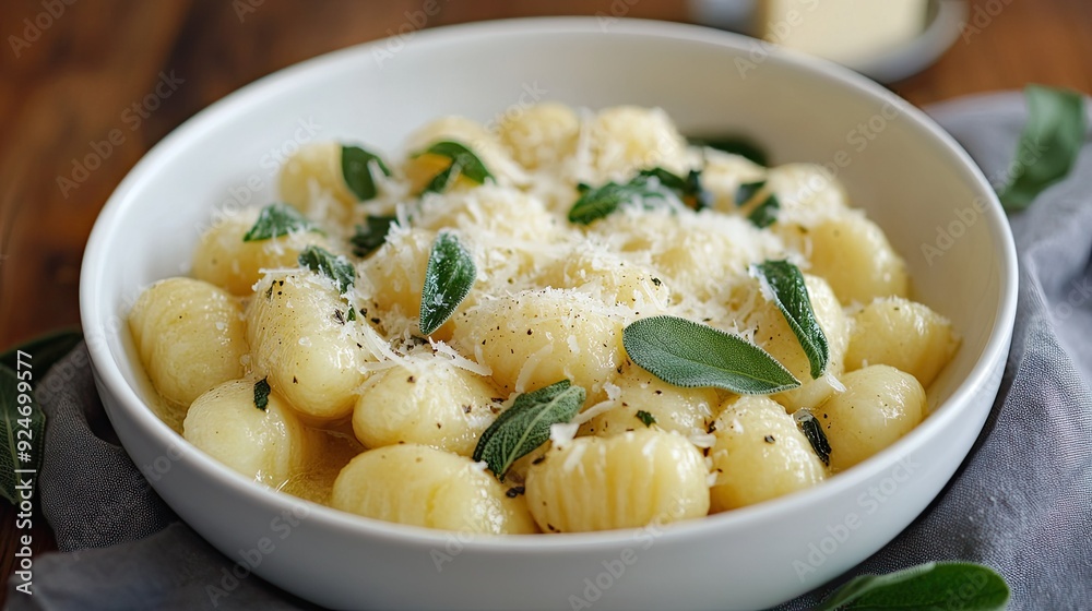 Italian gnocchi with sage butter sauce and Parmesan cheese in a white bowl. Italian gnocchi with sage butter sauce and Parmesan cheese in a white bowl.