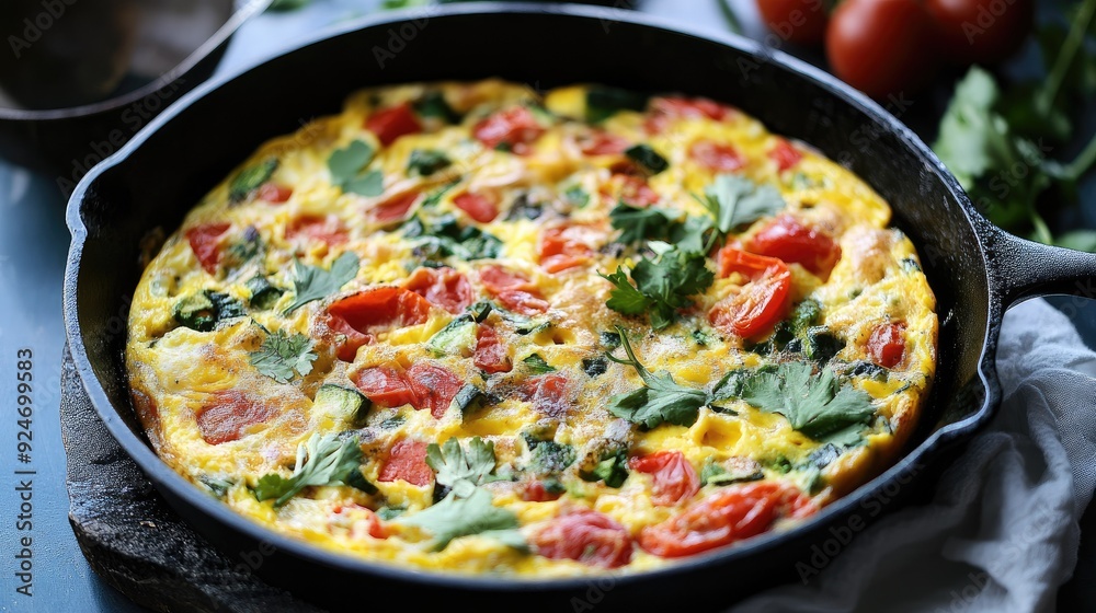 Italian frittata with eggs, vegetables, and cheese in a cast iron skillet. Italian frittata with eggs, vegetables, and cheese in a cast iron skillet.