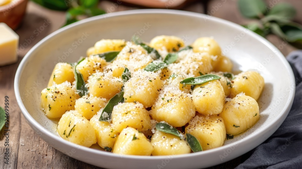 Italian gnocchi with sage butter sauce and Parmesan cheese in a white bowl. Italian gnocchi with sage butter sauce and Parmesan cheese in a white bowl.