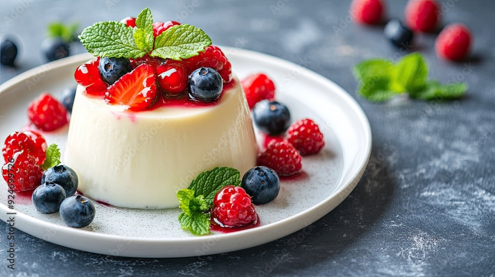 Italian panna cotta dessert with fresh berries and mint leaves on a white plate.