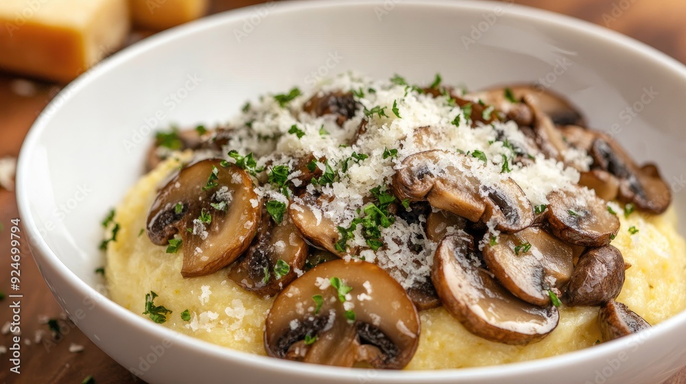 Italian polenta with mushrooms and Parmesan cheese in a white bowl. Italian polenta with mushrooms and Parmesan cheese in a white bowl.