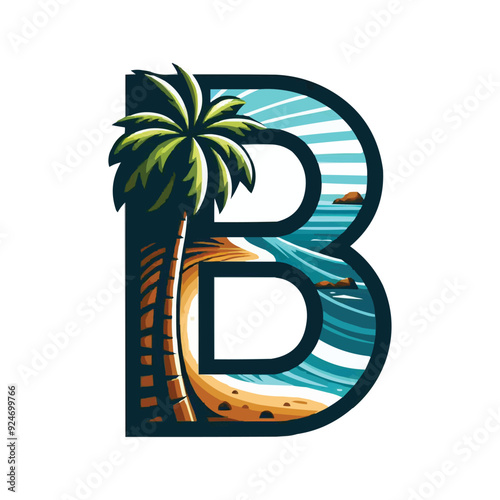 beach resort logo design template with letter b with the shape of a coconut tree and beach