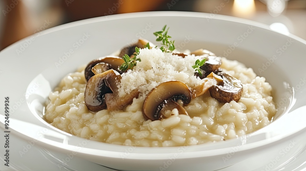 Italian risotto with mushrooms and Parmesan cheese in a white bowl. Italian risotto with mushrooms and Parmesan cheese in a white bowl.
