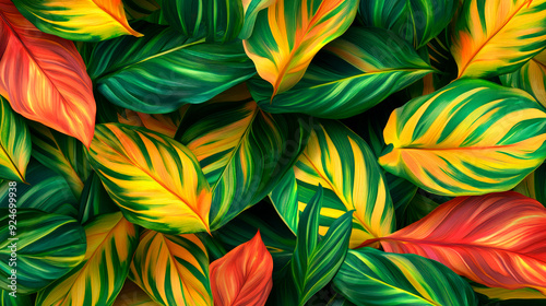 Top view of exotic colored leaves. Nature leaves, tropical forest, exotic backgound.