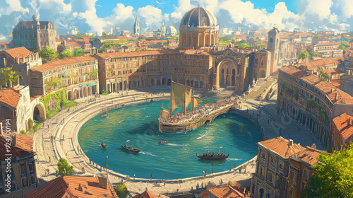 A picturesque European cityscape featuring circular central structures and waterways,