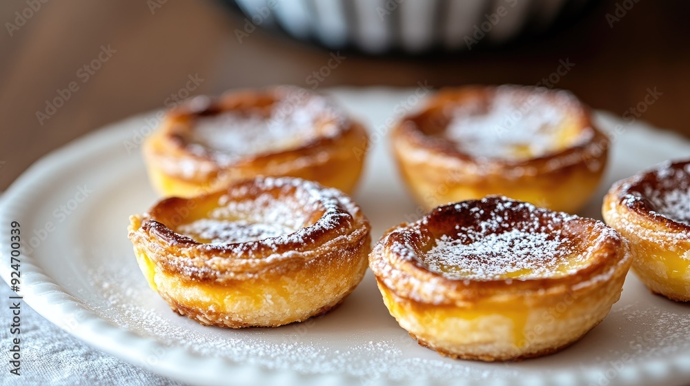 Portuguese pastel de nata custard tarts with powdered sugar on a white plate. Portuguese pastel de nata custard tarts with powdered sugar on a white plate.