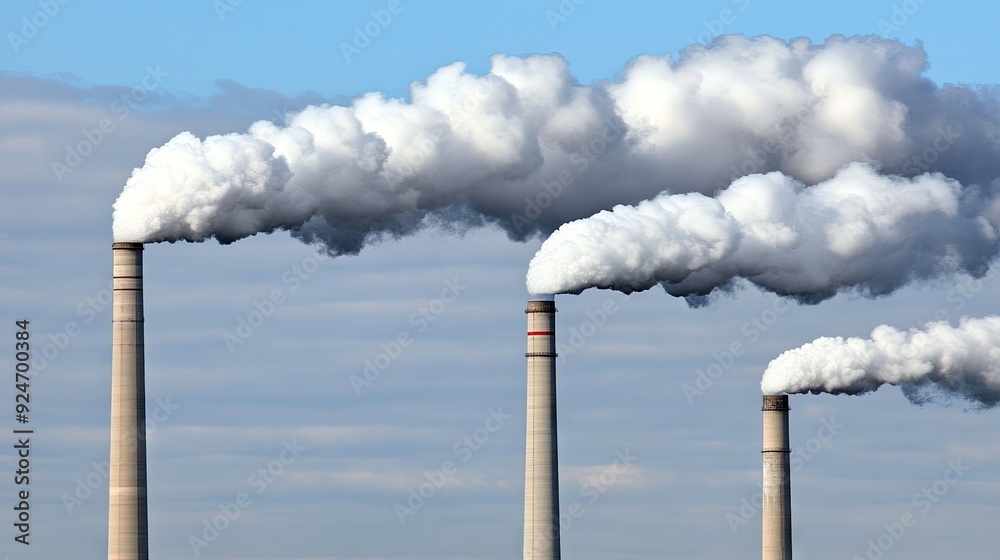 Two smokestacks release white smoke into a clear blue sky, illustrating industrial activity and environmental impact Two smokestacks release white smoke into a clear blue sky, illustrating industrial activity and environmental impact