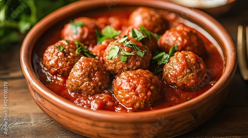 Spanish albondigas meatballs in a rich tomato sauce in a rustic bowl.