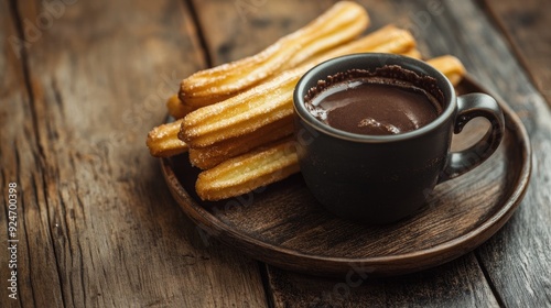 Spanish churros with a cup of hot chocolate on a rustic wooden table.