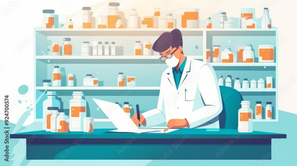 A man in a white lab coat is writing on a computer in a pharmacy A man in a white lab coat is writing on a computer in a pharmacy