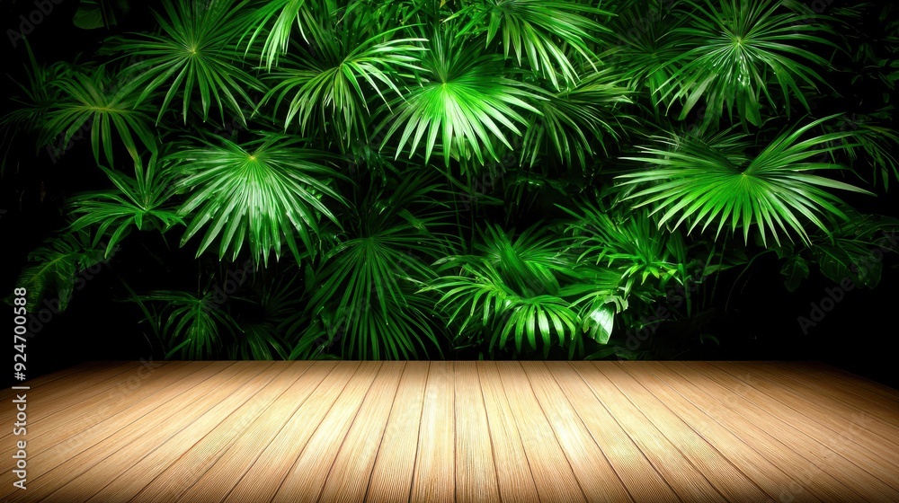 A vibrant wooden platform surrounded by lush green foliage, ideal for nature-themed presentations or tropical decor. A vibrant wooden platform surrounded by lush green foliage, ideal for nature-themed presentations or tropical decor.