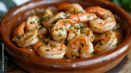 Spanish gambas al ajillo shrimp in garlic sauce in a rustic bowl.