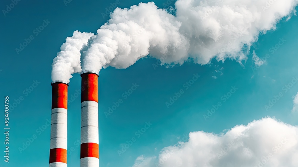 Two smokestacks release white smoke into a clear blue sky, illustrating industrial activity and environmental impact Two smokestacks release white smoke into a clear blue sky, illustrating industrial activity and environmental impact