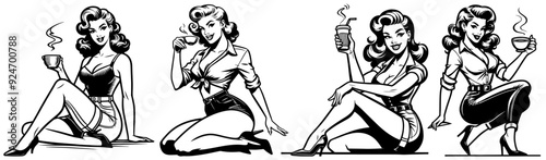 pinup girl drink coffee, black vector illustration, pin-up woman silhouette character