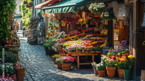 A picturesque European market with a vendor selling colorful flowers and plants at a classic