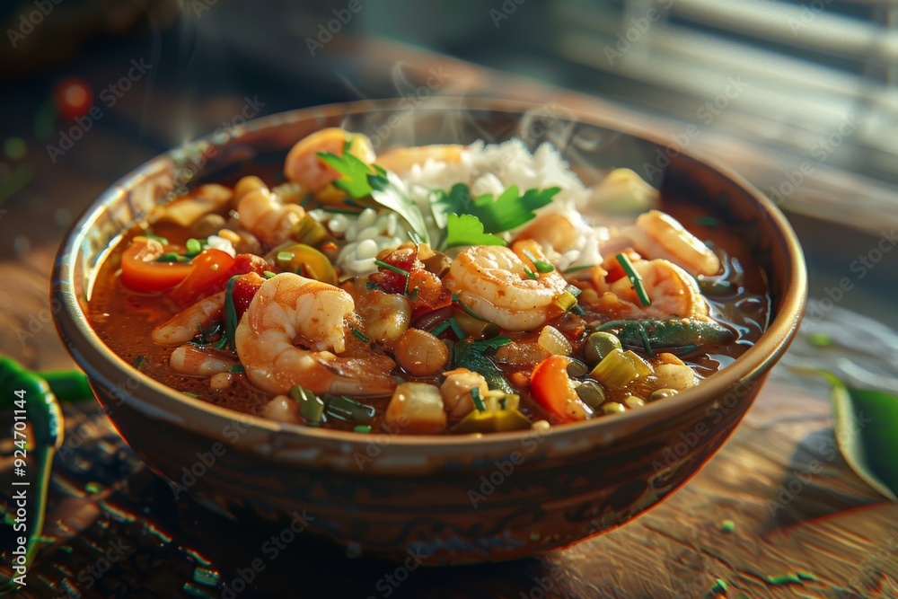 A steaming bowl of shrimp stew with vegetables and rice, showcasing vibrant colors and textures. A steaming bowl of shrimp stew with vegetables and rice, showcasing vibrant colors and textures.
