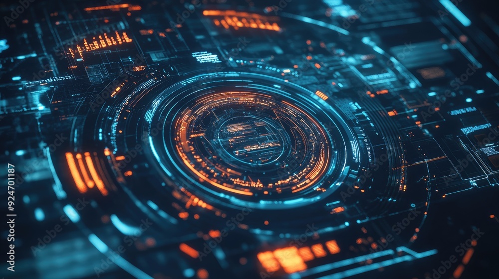 Top view of a futuristic holographic interface with copy space in the center Top view of a futuristic holographic interface with copy space in the center
