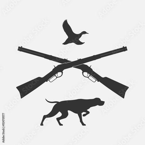 Hunting graphic symbol. Two crossed rifles, flight wild duck and pointer dog. Sign isolated on white background. Vector illustration