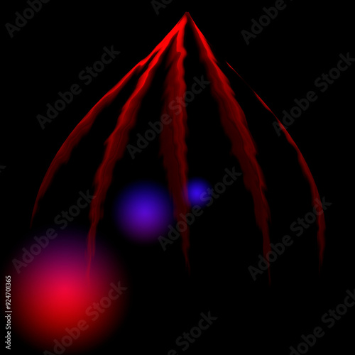 fantasy graphic. square black background. Conceptual science fiction landscape. Red and purple planets. red finger like structure hanging in outer space. 3d illusion of distance depth and dimension.