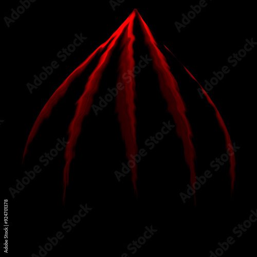 fantasy graphic. square black background. Conceptual science fiction landscape. red finger like structure hanging in outer space.  3d illusion of distance depth and dimension.