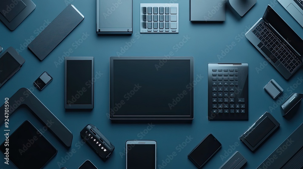 Top view of futuristic tech devices on a sleek surface, ample copy space in the center. Top view of futuristic tech devices on a sleek surface, ample copy space in the center.