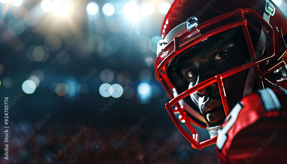 Fototapeta premium Focused American Football Player in Red Helmet and Uniform Under Stadium Lights, Banner with Copy Space