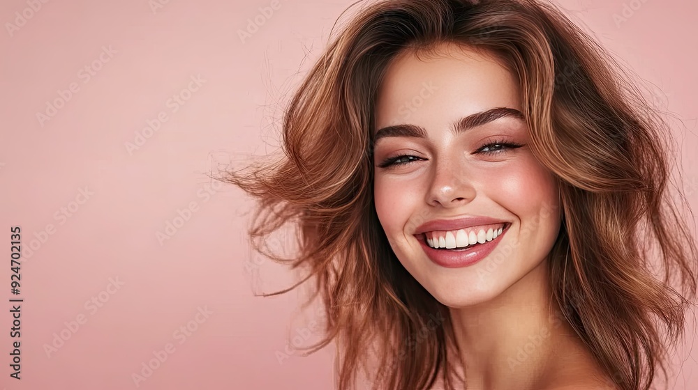 Woman smiling confidently, showcasing her healthy hair, with a clear area for copy space