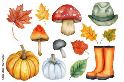 A set of fall objects, watercolor