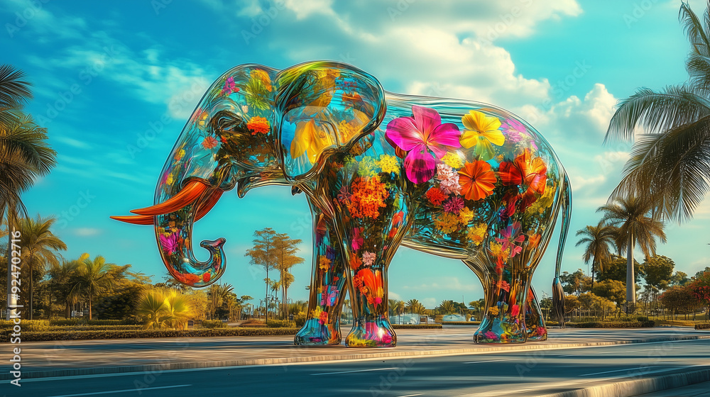 Fototapeta premium A large glass elephant with floral patterns inside stands on the street under a bright blue sky, surrounded by palm trees