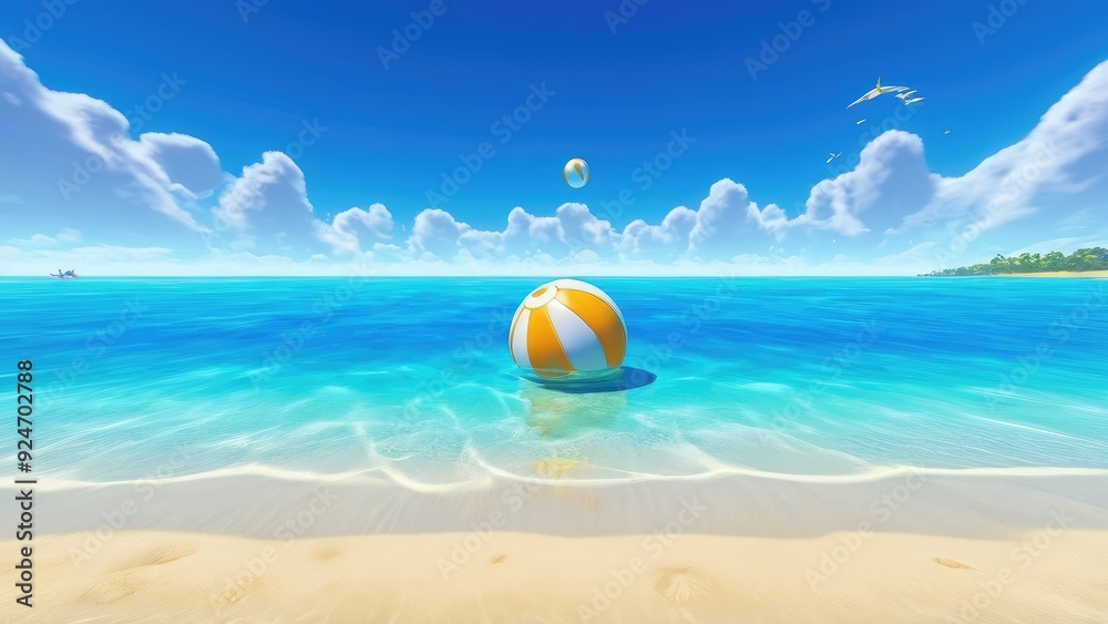 Obraz premium A vibrant beach ball sits on a sandy shore, with lush green islands and palm trees in the background, under a sunny, cloud-dotted sky by the crystal-clear blue ocean