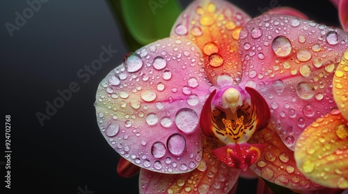 Close-up of Pink and Yellow Orchid with Water Droplets