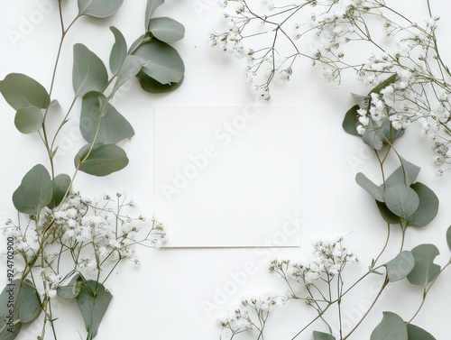 Elegant baby s breath and eucalyptus with blank greeting card on white background photo