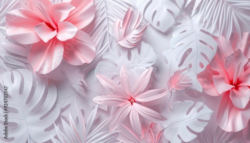 White and Pink Geometric Floral Design with Leaves
